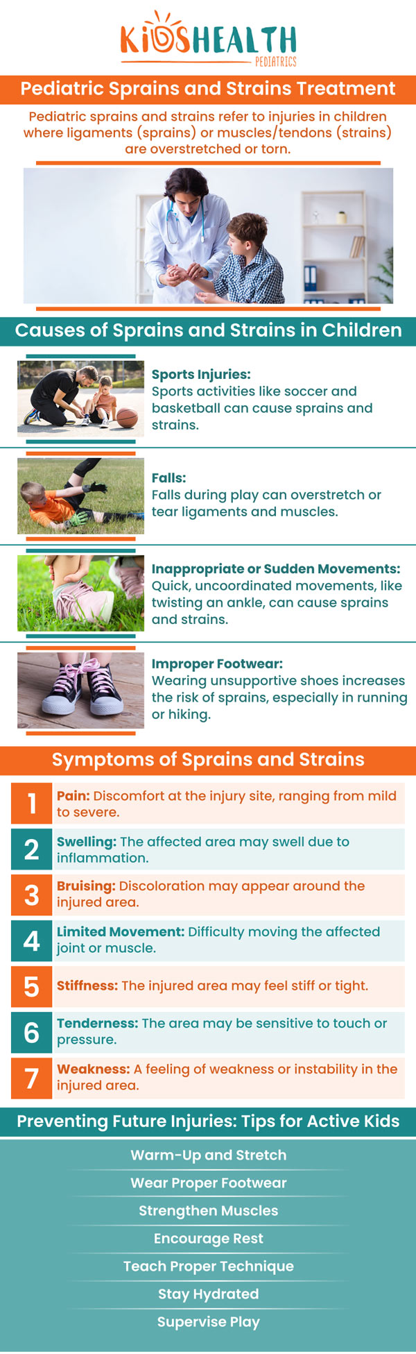 Some frequent sprain and strain symptoms include pain with movement or activity over the affected area. Swelling on the outside or inside of the foot or ankle. If your child is showing symptoms of sprains or strains, contact KidsHealth Pediatrics for effective treatment by our qualified pediatricians. For more information, please contact us today or book an appointment online. We have convenient locations in Scottsdale, and Glendale AZ. Some frequent sprain and strain symptoms include pain with movement or activity over the affected area. Swelling on the outside or inside of the foot or ankle. If your child is showing symptoms of sprains or strains, contact KidsHealth Pediatrics for effective treatment by our qualified pediatricians. For more information, please contact us today or book an appointment online. We have convenient locations in Scottsdale, and Glendale AZ.