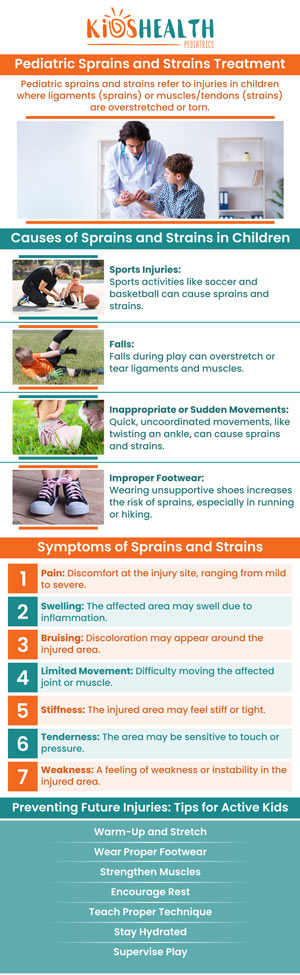 Some frequent sprain and strain symptoms include pain with movement or activity over the affected area. Swelling on the outside or inside of the foot or ankle. If your child is showing symptoms of sprains or strains, contact KidsHealth Pediatrics for effective treatment by our qualified pediatricians. For more information, please contact us today or book an appointment online. We have convenient locations in Scottsdale, and Glendale AZ. Some frequent sprain and strain symptoms include pain with movement or activity over the affected area. Swelling on the outside or inside of the foot or ankle. If your child is showing symptoms of sprains or strains, contact KidsHealth Pediatrics for effective treatment by our qualified pediatricians. For more information, please contact us today or book an appointment online. We have convenient locations in Scottsdale, and Glendale AZ.